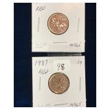 1981, 1987 Can Pennies, Red Unc. MS65