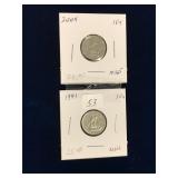 1991, 2004 Can Dimes, Uncirculated MS65