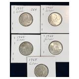 five 1968 Can Silver 25 cent pieces