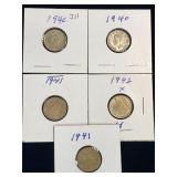 five 1940, 41, 42 Canadian Silver 10 cent pieces