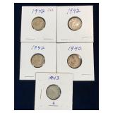 five 1942, 1943 Canadian Silver 10 cent pieces