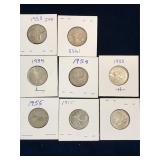 Seven 1953 to 55 Can Silver 25 cent pieces