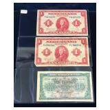 three 1943 Foreign Bank Notes