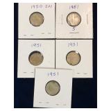 five 1950, 51 Canadian Silver 10 cent pieces