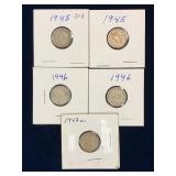 five 1945, 46, 47ml Canadian Silver 10 cent pieces