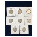 eight 1951 Can Silver 25 cent pieces