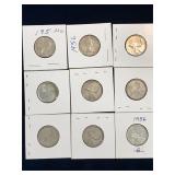 nine 1956 Can Silver 25 cent pieces