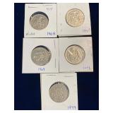 1968, 69, 69, 73, 74 Canadian Half Dollars