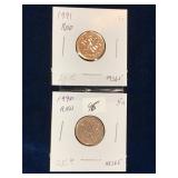 1990, 1991 Can Pennies, Red Unc. MS65