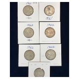 seven 1961, 1962 Can Silver 25 cent pieces