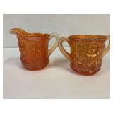 Rose pattern Marigold carnival glass cream & sugar