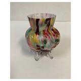 Art Nouveau spatter glass 5 footed vase.