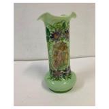 French art glass green hand painted vase