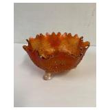 Orange Tree Carnival glass 3 footed fruit bowl