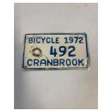 1972 Cranbrook Bicycle License plate