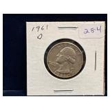 1961 D - USA Washington Silver 25 Cent Piece