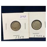 Two 1959 & 59 D -USA Roosevelt Silver 10 Cent Pcs