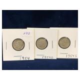three 1954, D &S -USA Roosevelt Silver 10 Cent Pcs