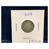 1911 D - USA Barber Silver 10 Cent Piece