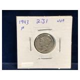 1943 - USA 'Mercury' Silver 10 Cent Piece