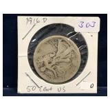 1916 D - USA Liberty Walking Silver 50 Cent Piece