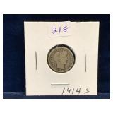 1914 S - USA Barber Silver 10 Cent Piece