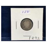 1892 USA Barber Silver 10 Cent Piece