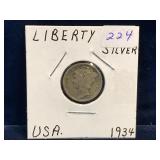 1934 - USA 'Mercury' Silver 10 Cent Piece
