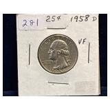1958 D - USA Washington Silver 25 Cent Piece