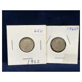 Two 1962 & 62 D -USA Roosevelt Silver 10 Cent Pcs