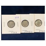 three 1948, D &S -USA Roosevelt Silver 10 Cent Pcs