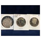 1987P 87D, 87S - USA Kennedy Nickel Half Dollars