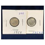 Two 1958 & 56 D -USA Roosevelt Silver 10 Cent Pcs