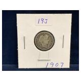 1907 - USA Barber Silver 10 Cent Piece