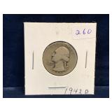 1942 D - USA Washington Silver 25 Cent Piece