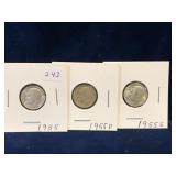 three 1955, D &S -USA Roosevelt Silver 10 Cent Pcs