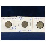 1943 P, 43 S, 43 S USA Jefferson Nickels