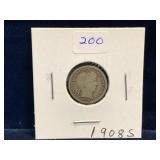 1908 S - USA Barber Silver 10 Cent Piece