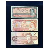 1954, 74, 1986 Bank of Canada $2 notes