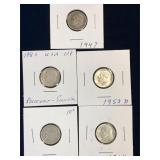 five  -USA Roosevelt Silver 10 Cent Pcs