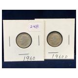 Two 1960 & 60 D -USA Roosevelt Silver 10 Cent Pcs