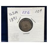 1891 USA Liberty Seated Silver 10 Cent Piece