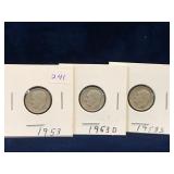 three 1953, D &S -USA Roosevelt Silver 10 Cent Pcs
