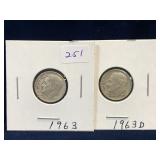 Two 1963 & 63 D -USA Roosevelt Silver 10 Cent Pcs