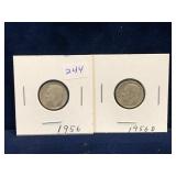 Two 1956 & 56 D -USA Roosevelt Silver 10 Cent Pcs