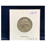 1963 D - USA Washington Silver 25 Cent Piece