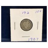 1907 - USA Barber Silver 10 Cent Piece