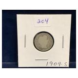 1909 S - USA Barber Silver 10 Cent Piece