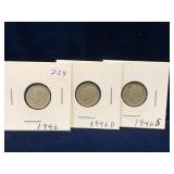 three 1946, D &S -USA Roosevelt Silver 10 Cent Pcs