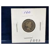 1893 - USA Barber Silver 10 Cent Piece